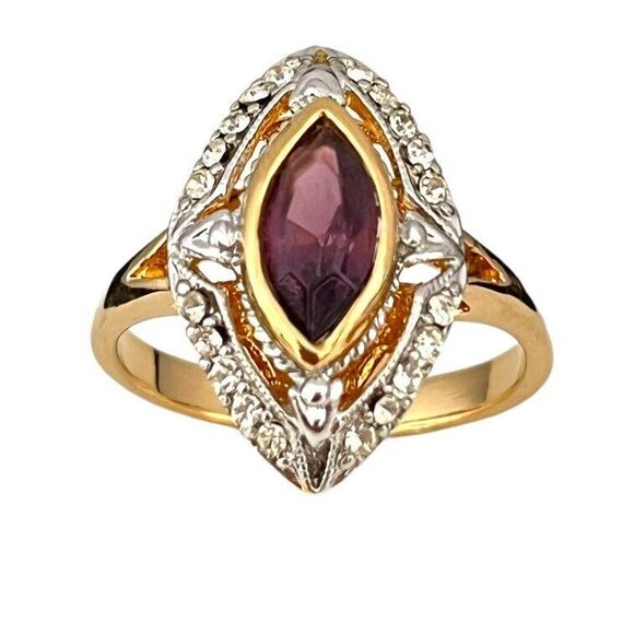 Vintage Ring Size 5 Amethyst Austrian Crystal 18K Gold Plate Mid-Century MCM 14F - Picture 15 of 16